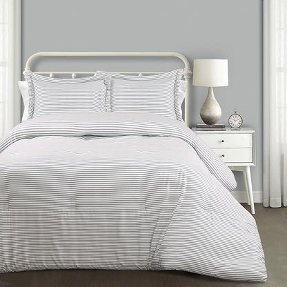 Lush Decor Farmhouse Stripe Reversible Cotton Comforter Set, 3 Piece Set, King, Blue - Cozy F𝚊rmhouse Bedding Set - Rustic Decor - Striped Comforter - Modern Farmho𝚞se Bedroom Decor