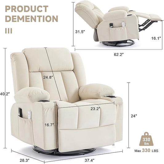 Power Swivel Rocker Recliner Chair with Heat and Massage, USB and Type-C Charging Port, Electric Glider Rocking Chairs, Oversized Recliner Chairs for Adults(Fabric, Beige)