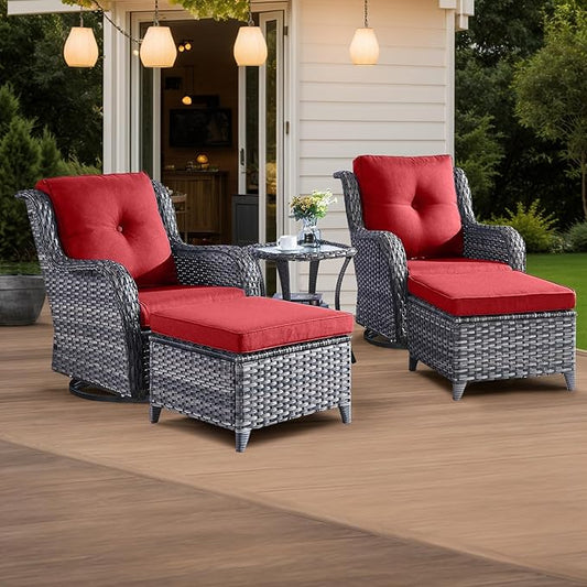 HUMMUH 5 Piece Outdoor Patio Furniture Set Wicker Conversation Bistro Set Swivel Rocking Chairs with Side Table and Ottomans for Backyard, Porch, Balcony
