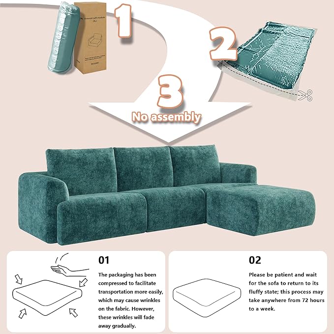 EASE MOOSE Sectional Cloud Couch Oversized for Living Room,7-Seat Modular Boneless Sofa U-Shaped Sofa with Ottoman, No-Assembly Chenille Couch, Blue
