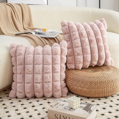 Neelvin Pink Faux Fur Cozy Soft Plaid Decorative Throw Pillow Covers 20x20 inch Set of 2,Velvet Pillowcase Cushion Case for Sofa Couch