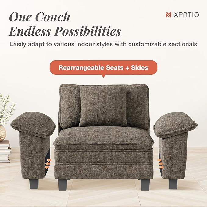 53.5" Cloud Modular Sectional Single Sofa, Deep Seat Armchair with Plush Chenille & Removable Arms for Living Room, Smoky Gray