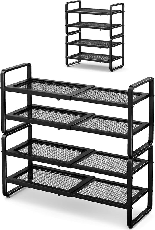 Shoe Rack - Expandable Shoe Organizer for Closet, Adjustable Metal Shoe Shelf Storage, Stackable Long Shoe Stand Holder for Garage, Entryway, Door Entrance (Black, 4-Tier)