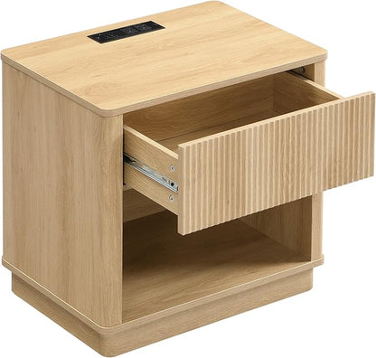 Christopher Knight Home Kyla Set of 2 Nightstand with Charging Station, Wooden Bedside Table/End Table with Outlet & USB Port for Bedroom/Living Room, Multipurpose Storage Cabinet with Drawer, Natural