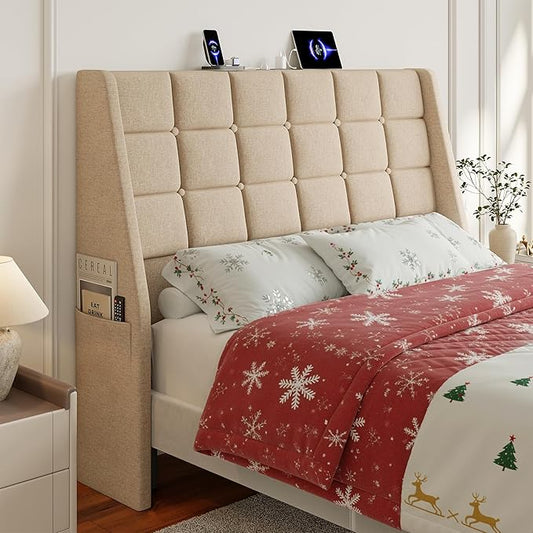 Full Size Headboard with Charging Station, Ergonomic Upholstered Linen Headboards Only, Wingback Wood Bed Head Board with Storage Pocket, Bed Frame Adapters, Beige