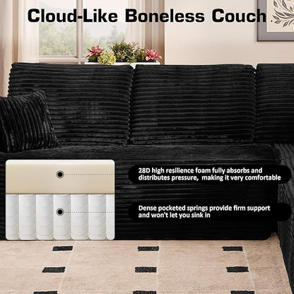 135'' Boneless Sectional Couch, Oversized U Shaped Modular Cloud Couches, Plush Corduroy Memory Foam Deep Seat Floor Sofa for Living Room, No Assembly Required, Black