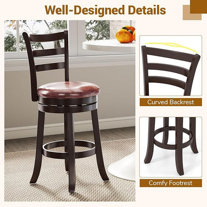 COSTWAY 26" Counter Height Stools Set of 2, Swivel High-Top Chairs with Backrest & Faux Leather Padded Seat, Rubber Wood Counter Barstools with Footrest for Kitchen, Dining Room, Pub (2,26'')