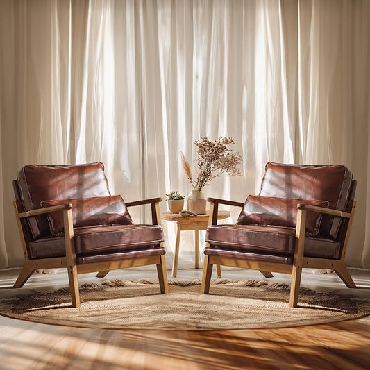 VINGLI Solid Wood Wide Armrests Accent Chair Set of 2,Upholstered Mid Century Modern Chair with Pillow,Farmhouse Arm Chair Comfy Reading Chair,Chairs Living Room,Bedroom,Guest Room,PU Leather,Brown
