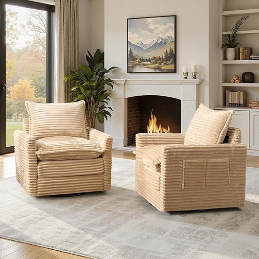 Swivel Accent Chair Set of 2, Modern Sofa Chairs for Living Room, Plush Upholstered Cloud Chair with Double Layer Thick Cushions, Bedroom Reading Nook Armchair, Beige