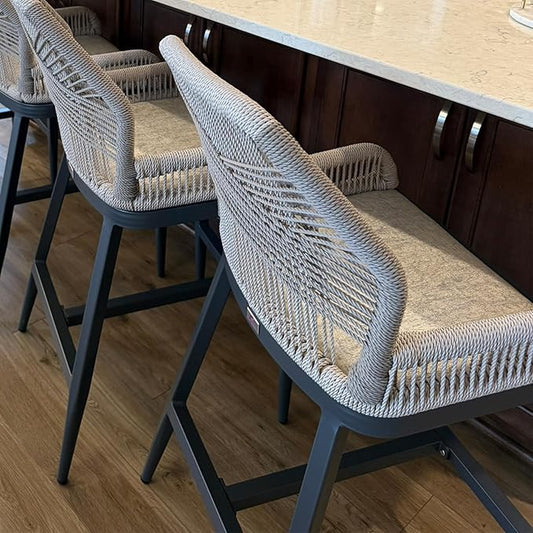 PURPLE LEAF 2 Pieces Counter Height Bar Stools Patio Boho Rattan Barstools Aluminum Woven Bar Chairs with Cushions for Outdoor Kitchen Island Garden