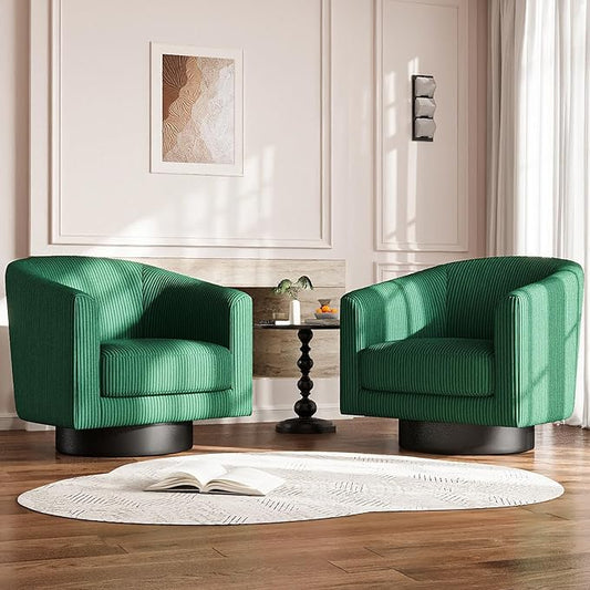 360° Swivel Accent Chairs Set of 2, Modern Bucket Chair, Corduroy Barrel Armchair, Comfy Boucle Chair, Single Sofa for Living Room Bedroom. Green