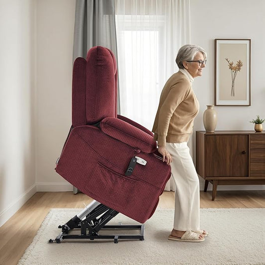 MCombo Oversized Power Lift Recliner Chair Sofa with Massage and Heat for Elderly People Petite, USB Ports, Side Pockets, Fabric R7561 (Burgundy, Small-Oversize)