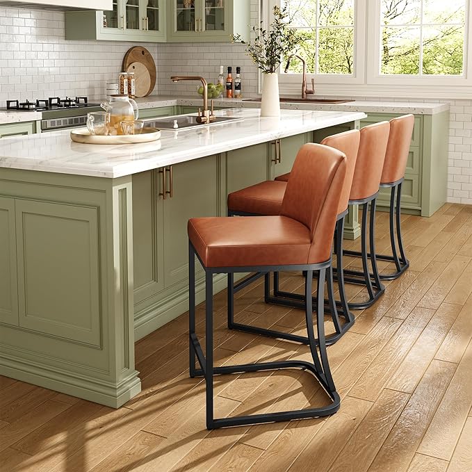 MAISON ARTS Counter Height Bar Stools with Back for Kitchen Counter, 24 Inch Modern Upholstered Faux Leather Barstools Farmhouse Bar Chairs Luxury Island Stools Support 330LBS, Brown