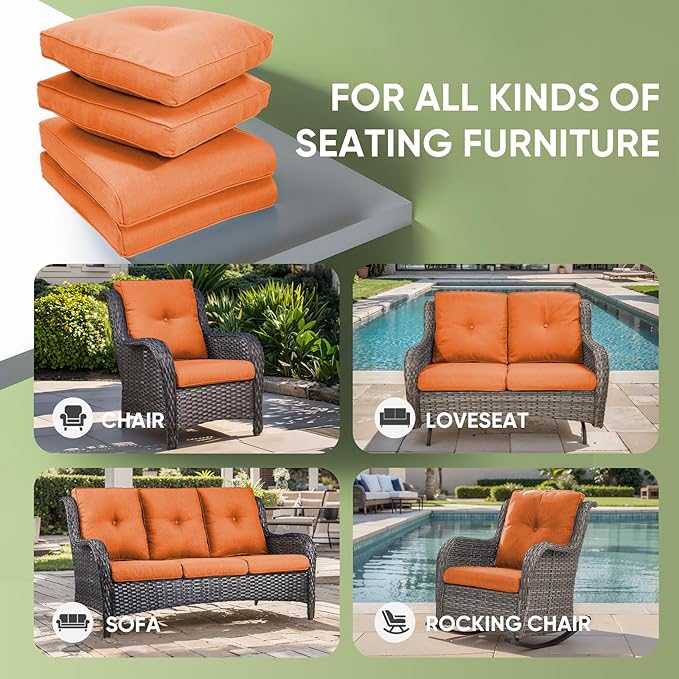 Outdoor Chair Cushion Set of 3, Waterproof Outdoor Seat Cushions 25x22, Patio Chair Cushions for Outdoor Furniture, Couch Cushion Replacement, Include 3 Back & 3 Seat Cushions, Button/Orange