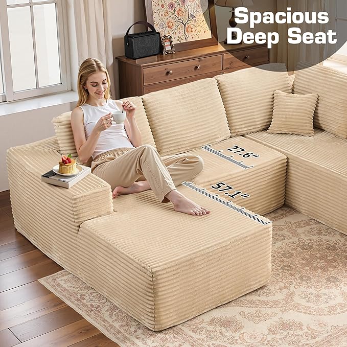 Weaxty Cloud Sectional Couch for Living Room, Oversized U Shaped Boneless Couches with Chaise, Plush Corduroy Memory Foam Deep Seat Floor Sofa, No Assembly Required，Beige