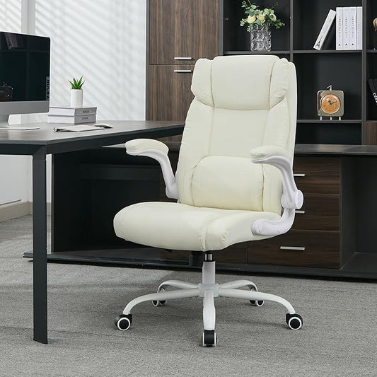 Office Desk Chair,Ergonomic Conference Room Chairs,Mid Back Executive Leather Chair,Comfy Computer Desk Chairs with Adjustable Flip-Up Arms and Rocking Function (Beige)