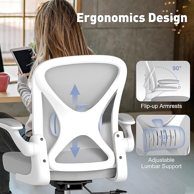 Ergonomic Office Chair Set of 2 with Adjustable Lumbar Support, Mesh Home Office Desk Chair with Wheels and Flip-up Arms, Grey