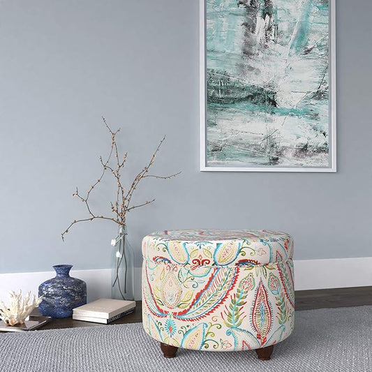 Homepop Home Decor | Upholstered Round Storage Ottoman | Ottoman with Storage for Living Room & Bedroom, Dark Bold Paisley