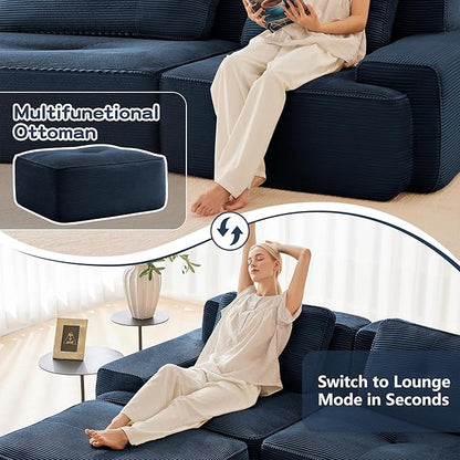 80.3” Blue Boneless Couches for Living Room, Modular Sectional Sofa with L-Shape Chaise, 2 Seater Comfy Upholstered Loveseat Deep Seat Corduroy Fabric Cloud Couch No Assembly, Anti-Slip Design