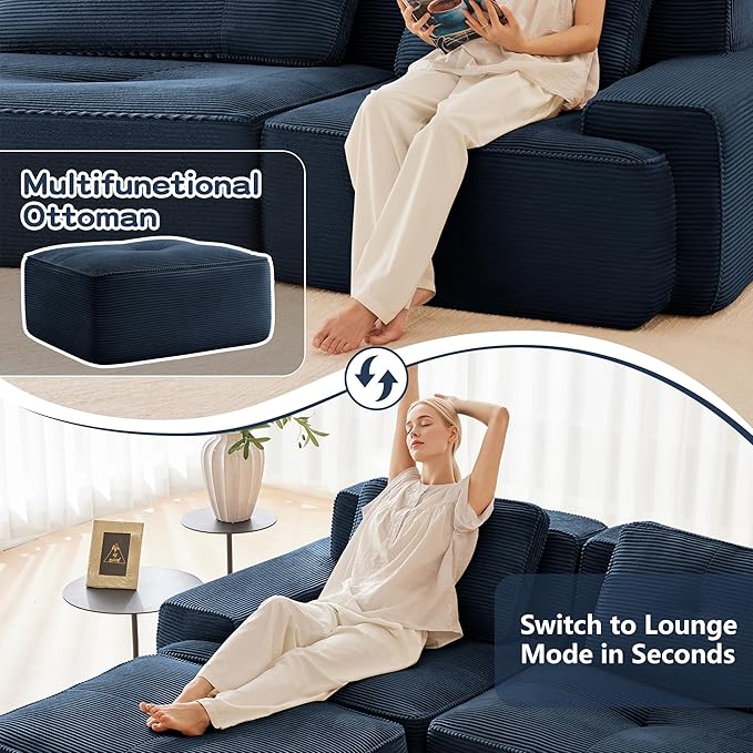 150.4” Blue Boneless Couches for Living Room, Modular Sectional Sofa with U-Shape Chaise, 4 Seater Comfy Upholstered Deep Seat Corduroy Fabric Cloud Couch No Assembly, Anti-Slip Design