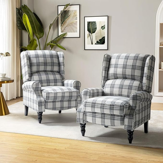 HULALA HOME Upholstered Wingback Recliner Chair Set of 2, Small Adjustable Footrest Push Back Single Reclining Sofa, Mid Century Modern Lounge Armchair for Living Room, Bedroom, Reading/Plaid Black