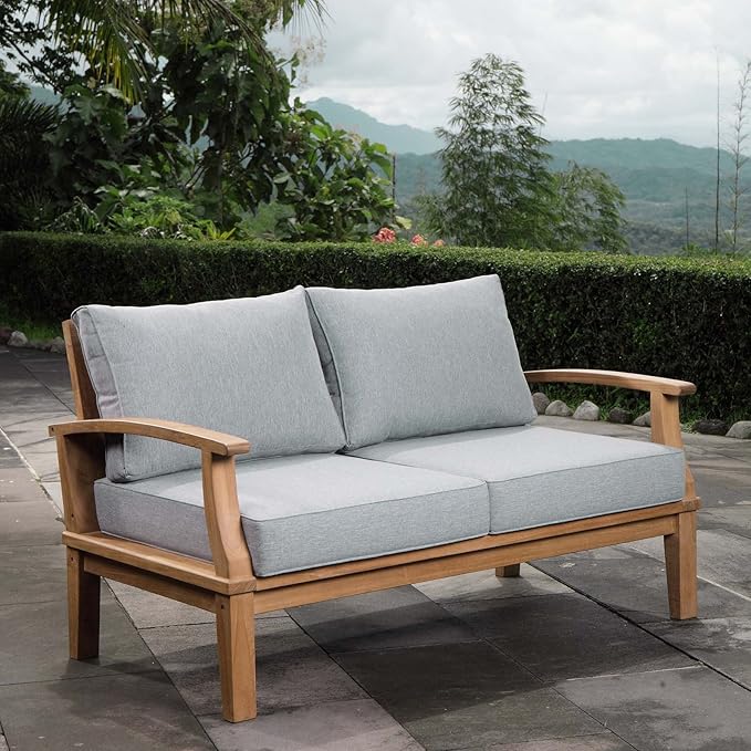Modway EEI-1144-NAT-GRY-SET Marina Premium Grade A Teak Wood Outdoor Patio Loveseat, Natural Gray