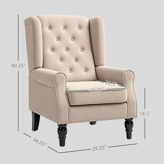 HOMCOM Mid-Century Modern Accent Chair, High Wingback Chair, Button-Tufted Upholstered Fabric Armchair with Retro Wood Legs for Living Room, Bedroom, Beige