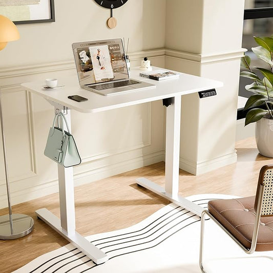 ERGOMAKER Electric Standing Desk, 31.5" x 23.6" Height Adjustable Sit Stand Desk with Splice Board for Home Office, Computer Desk Memory Preset (White Frame, White Desktop)