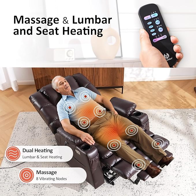 MCombo Large Triple Motor Power Lift Recliner Chair with Massage and Dual Heating, Adjustable Headrest for Tall Elderly People, Faux Leather 7634 (Dark Brown, Large)