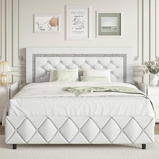 BarnFurin Queen Bed Frame, Upholstered Platform Bed with Button Tufted Headboard, Princess Platform Bed with Crystal Design, Wooden Slats Support, No Box Spring Required, Easy Assembly, White