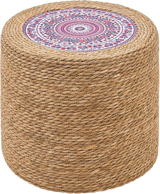 Wimarsbon 18'' Ottoman Pouf, Natural Braided Poof, Rustic Handweave Lounge Pouffe, Boho Footrest Stool for Bedroom, Accent Table for Living Room (18inch Natural Cattail-Boho Style 4)