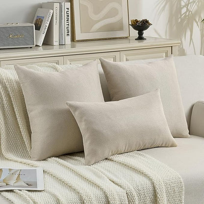 FUTEI Beige Chenille Throw Pillow Covers 20x20 Inch Set of 2,Soft Wide Chevron Textured Cushion Case,Farmhouse Home Decor for Couch Bed Living Room