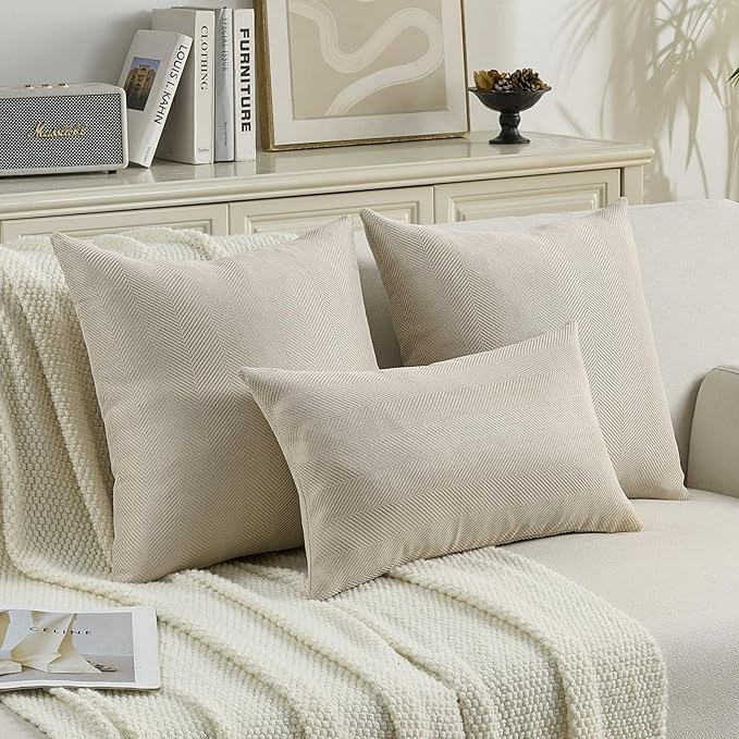 FUTEI Beige Chenille Throw Pillow Covers 24x24 Inch Set of 2,Soft Wide Chevron Textured European Pillow Shams,Farmhouse Home Decor for Couch Bed Living Room
