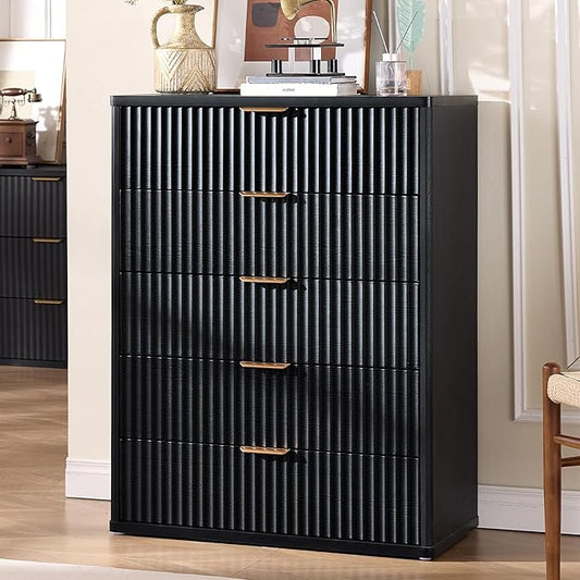 LEYAOYAO Fluted 5 Drawers Dresser for Bedroom, 41" Tall Modern Chest of Drawers with Metal Handle, Curved Profile Design,Black Wood Drawer Organizer for Bedroom, Living Room, Hallway, Entryway