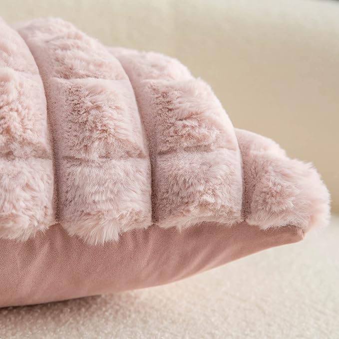 Neelvin Pink Faux Fur Cozy Soft Plaid Decorative Throw Pillow Covers 24x24 inch Set of 2,Velvet Pillowcase Cushion Case for Sofa Couch