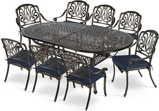 MEETWARM 9-Piece Outdoor Patio Dining Set, 8 Outdoor Dining Cushioned Chairs and 1 Oval Table with 2" Umbrella Hole, All Weather Cast Aluminum Patio Funiture Set for Backyard, Patio, Garden, Navy Blue