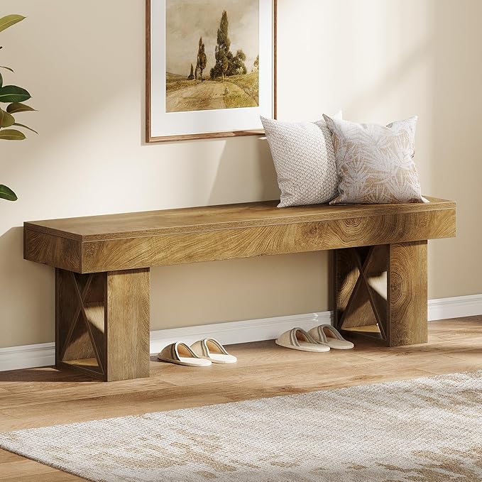 Tribesigns 55" Extra Long Entryway Bench, Farmhouse Wooden Entry Shoe Bench Seat, Indoor End of Bed Stool for Hallway, Bedroom, Living Room, Brown