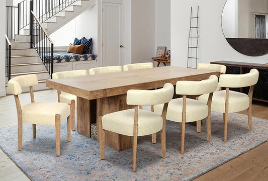 Modern Dining Chairs Set of 8, Faux Leather Upholstered Kitchen & Dining Room Chairs, Mid Century Modern Wooden Dining Chairs Oversized Sturdy Rounded Chairs Curved Back, Beige