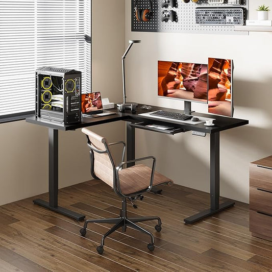 L-Shaped Standing Desk, 63 x 55 Inches Height Adjustable Desk with Storage, Sit and Stand up for Work Office Home, Ergonomic Rising Computer Table for Home Office with Splice Board, Black