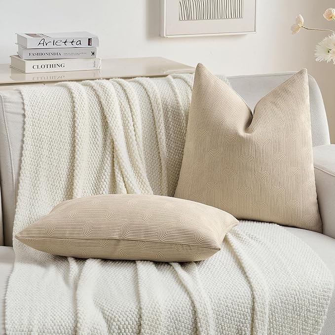 FUTEI Oatmeal Chenille Decorative Throw Pillow Covers 16x16 Inch Set of 2,Soft Cozy Striped Geometric Patterns Cushion Case,Modern Home Decor for Couch Bed Living Room