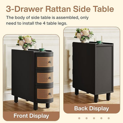 Tribesigns Solid Wood End Table, 3-Drawer Rattan Side Table, Night Stand with 3 Rattan Drawers and Exquisite Embossed Handles for Living Room, No Assembly Required (Black & Oak, 1PC)