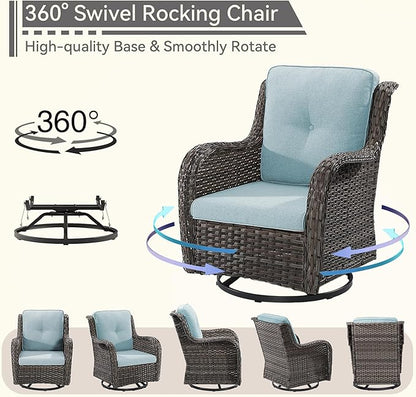 3 Pieces Outdoor Furniture Set - Patio Wicker Swivel Rocker Chair Set of 2 and 1 Side Table, Light Blue, Mixed Brown Rattan, Suitable for Porch, Yard