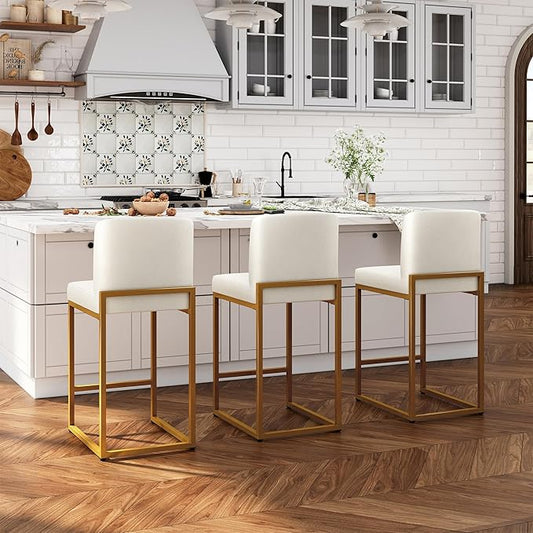 ALPHA HOME 24 Inch Bar Stools Set of 3, Kitchen Counter Stools with Backs, PU Leather Barstools, White Bar Stools with Upholstered Footrest, Sturdy Chromed Metal Steel Frame, White