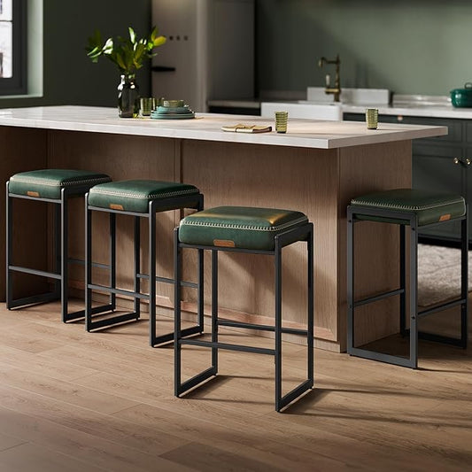 VASAGLE EKHO Collection - Bar Stools Set of 4, Counter Height Bar Stools, Synthetic Leather with Stitching, Mid-Century Modern Counter Stools, 26-Inch Tall, Kichen Home Bar Dining Room, Forest Green