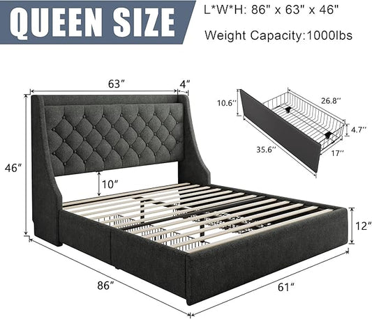 Queen Size Upholstered Platform Bed Frame with 4 Storage Drawers and Charging Station, Linen Button Tufted Wingback Headboard, Sturdy Wooden Support Slats, No Box Spring Needed, Dark Grey