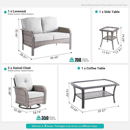 5 PCS Patio Outdoor Furniture Set with Swivel Rocking Chairs,All Weather Wicker Rattan Patio Seating Sofa and Chairs Set,Outdoor Conversaiton Sets for Deck Yard Prrch Garden Poolside,Grey