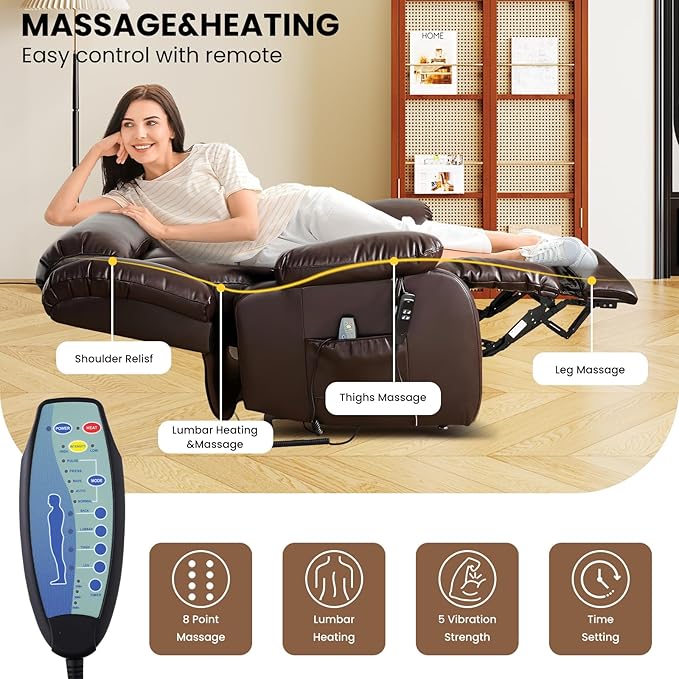 TEKAMON Power Lift Recliner Chair for Elderly with Heat & Massage, Dual Motor Breathable Leather Recliner, Lay Flat Sleeping Chairs with Infinite Position, RemoteControl(Brown, Extended)