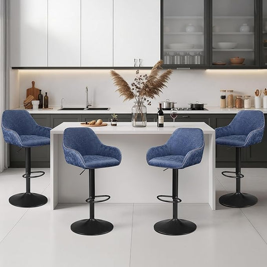 Yaheetech Bar Stools Set of 4, PU Leather Swivel Counter Height Barstools, Adjustable Bar Chairs with Backrest and Footrest, Kitchen Island Stool for Home Kitchen, Blue