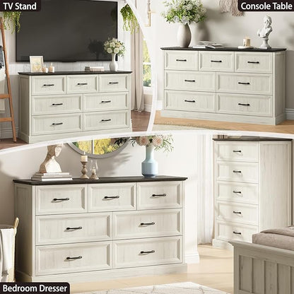 Farmhouse 7 Drawer Dresser for Bedroom, 55 Inch Wide Modern White Dresser TV Stand with Large Drawers & Bar Handles, Rustic Wood Chest of Drawers for Bedroom, Living Room, Hallway, Entryway.