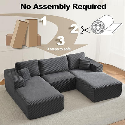 Modular Sectional Cloud Couch for Living Room,Modern Boneless Couche Set with Plush Corduroy,Comfy Floor Sofa with Memory Foam,Stupendous U Shaped Sofa,No Assembly Required,Grey